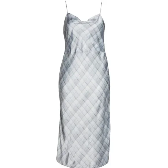 NWT Vince Hazy Plaid Satin Cowlneck Midi in Powder Blue Slip Dress 18 - Picture 1 of 8